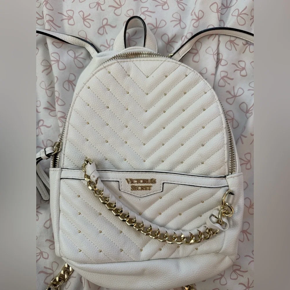 Victoria’s Secret White Quilted Mini Backpack With Gold Accents - Picture 2 of 6